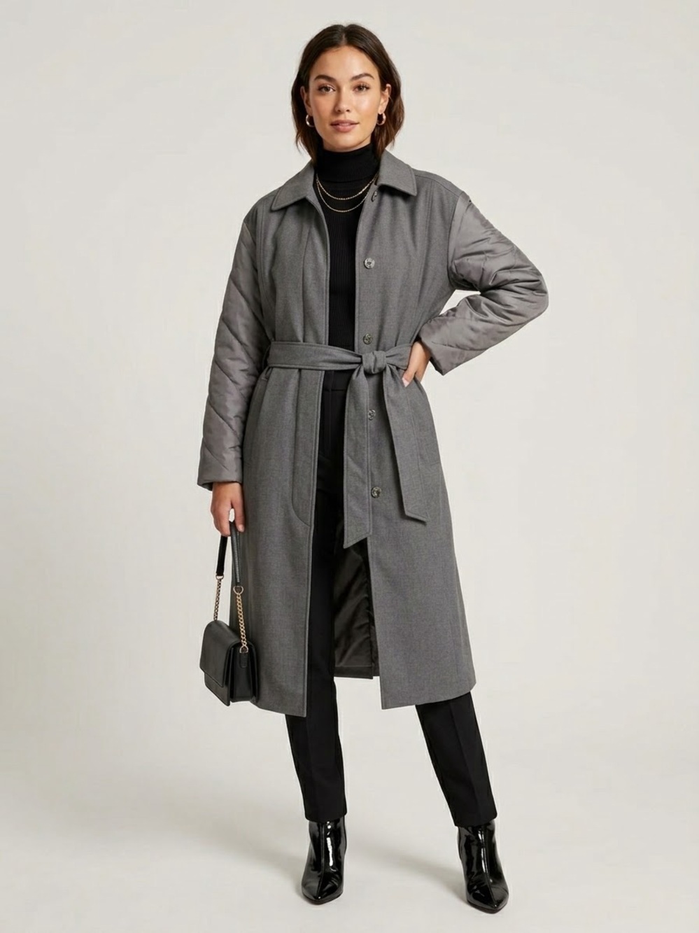 Abercrombie & FItch HFR Nicole Benefield Quilted Sleeve Belted Trench Coat Grey